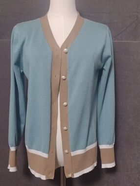 Grace Karin Large Teal Tan White Stripe Women's Sweater Cardigan
